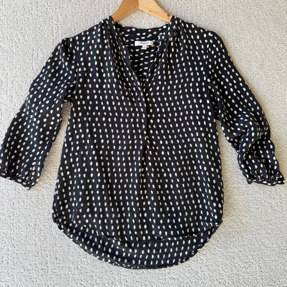 Madewell 1937‎ Silk Poet Blouse In Dot Print XS V Neck Button Down 3/4 Sleeve